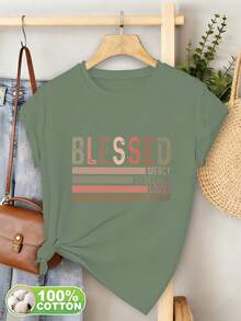 Sommaroutfit för kvinnor 2026: Damtopp i 100 % ny stil, rundhalsad kortärmad T-shirt med tryck på de engelska orden "MERCY", "REDEEMED", "LOVED" och "WORSHIP" undertill, kombinerat med ett färgglatt horisontellt randmönster, för kvinnors avslappnade och eleganta vardagskläder. - [Vit] - Visa 7