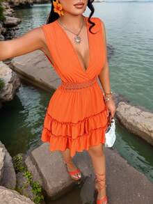 Amarilo Chic Women's Casual Boho Orange Short Dress With Shirred Tank Vest Neckline And Flounce Hem Ideal For Summer Outfits Elegant - Burnt Orange - View 8