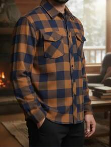 Men's Plaid Flannel Long-Sleeved Shirts - Take Advantage! - 棕色 - 查看 1