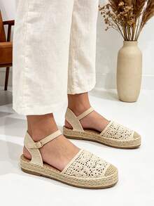 Women's Flat Sandals, Comfortable And Breathable Espadrilles, Woven Beach Sandals For Women, Jute Holiday Sandals For Women With Round Toe And Woven Hollow Design - Màu be - Xem 4