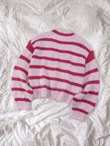 Cárdigan de punto holgado con cuello en V y rayas de contraste, de hombros caídos, para otoño/invierno, adecuado para Navidad y Año Nuevo, color rosa - Rosa - Ver 6