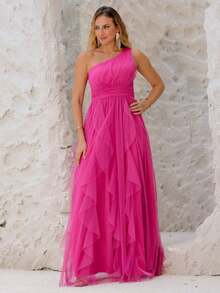Elegant One-Shoulder Tulle Gown With Cascade Skirt, Perfect For Bridesmaids, Weddings, Graduations, And Various Colors - 玫紅色 - 查看 1