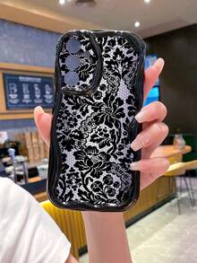 1pc Ball Texture Black Flower Camera Shockproof Phone Case, UV Printed Wavy Design Compatible With Apple/Galaxy//// - Black - View 7