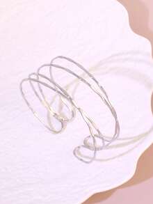 1 pieza Brazalete abierto minimalista de línea geométrica para mujer, color dorado para uso diario, joyería - Plateado - Ver 4