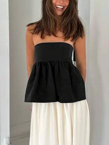 Women Sexy Strapless Ruffle Hem Tube Top Summer Solid Sleeveless Backless Tube Top Pleated Peplum Flowy Bandeau Top - màu đen - Xem 3