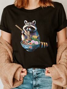 Women's Cute Raccoon Sushi Print T-Shirt - Kawaii Japanese Anime Inspired Graphic Tee, Casual Short Sleeve Crew Neck Summer Top For Japanese Food Lovers, Anime Conventions And Casual Wear, Playful Raccoon Eating Sushi Design, Comfortable Machine Washable Fabric For Spring And Summer, Relaxed Fit, Women's Fashion-X - Black - View 2