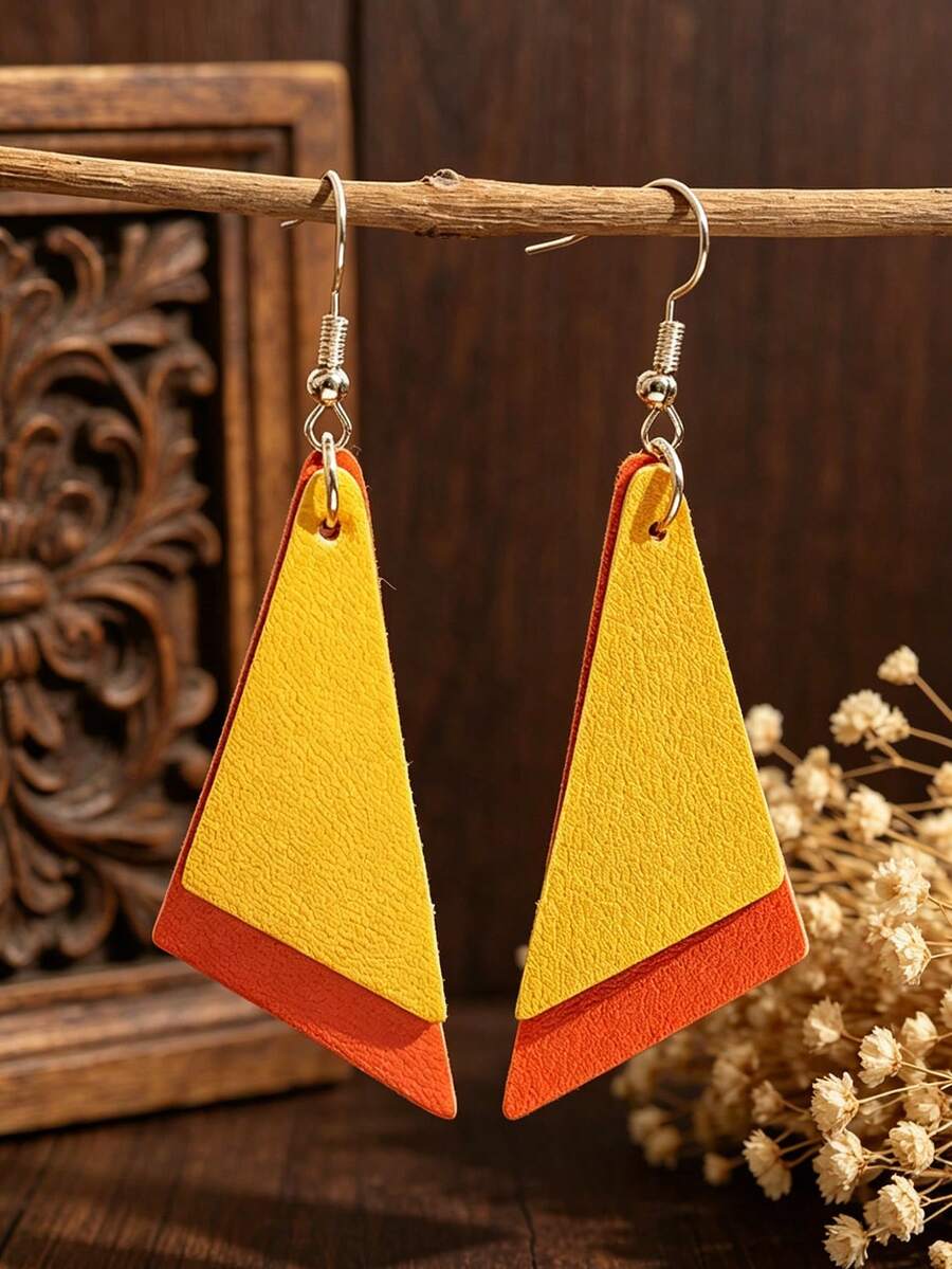 1 Pair Retro Minimalist Orange-Yellow Contrast Double-Layer Triangle PU Leather Earrings, Versatile Spring/Summer Jewelry - Orange - View 1