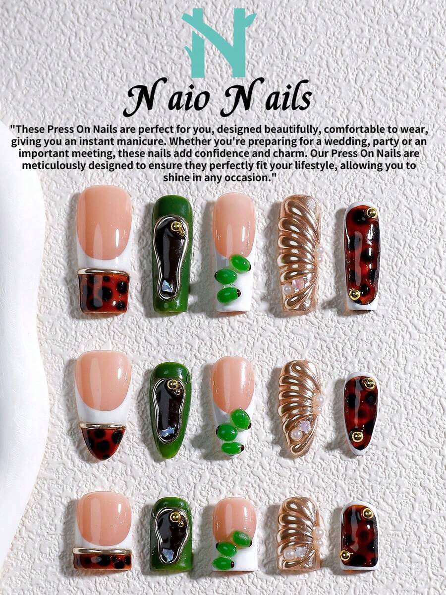 NAIO 10片/套 手工美甲贴片，三种尺寸可选：棺材形/杏仁形/短方形甲片，Y2K 酷炫风格，裸色、绿色、棕色和黑色法式边，黑色渐变，豹纹，不规则线条，珍珠和金属镶嵌。乳霜质地，适合女性和女孩，可用于派对、日常佩戴，附赠工具包，是送给女士美甲爱好者的绝佳礼物。 - 彩色 - 查看 1