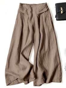 Pantalones anchos de primavera para mujer con bolsillo delantero decorativo de unicolor y casual - Café integral - Ver 10