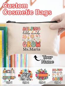 Custom Teacher Cosmetic Bag, Personalized Name Canvas Makeup Pouch, Helping Little Minds Grow Floral Print, Teacher Appreciation Week & Mother's Day 2026 Gift, High Quality Zippered Travel Organizer, Back To School Teacher Mom Gift - Multicolor - View 1