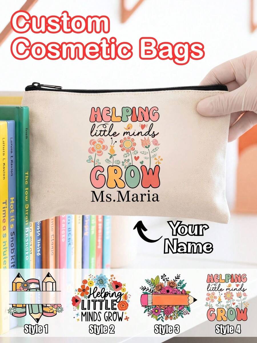 Custom Teacher Cosmetic Bag, Personalized Name Canvas Makeup Pouch, Helping Little Minds Grow Floral Print, Teacher Appreciation Week & Mother's Day 2026 Gift, High Quality Zippered Travel Organizer, Back To School Teacher Mom Gift - Multicolor - View 1
