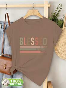 Sommaroutfit för kvinnor 2026: Damtopp i 100 % ny stil, rundhalsad kortärmad T-shirt med tryck på de engelska orden "MERCY", "REDEEMED", "LOVED" och "WORSHIP" undertill, kombinerat med ett färgglatt horisontellt randmönster, för kvinnors avslappnade och eleganta vardagskläder. - [Vit] - Visa 6
