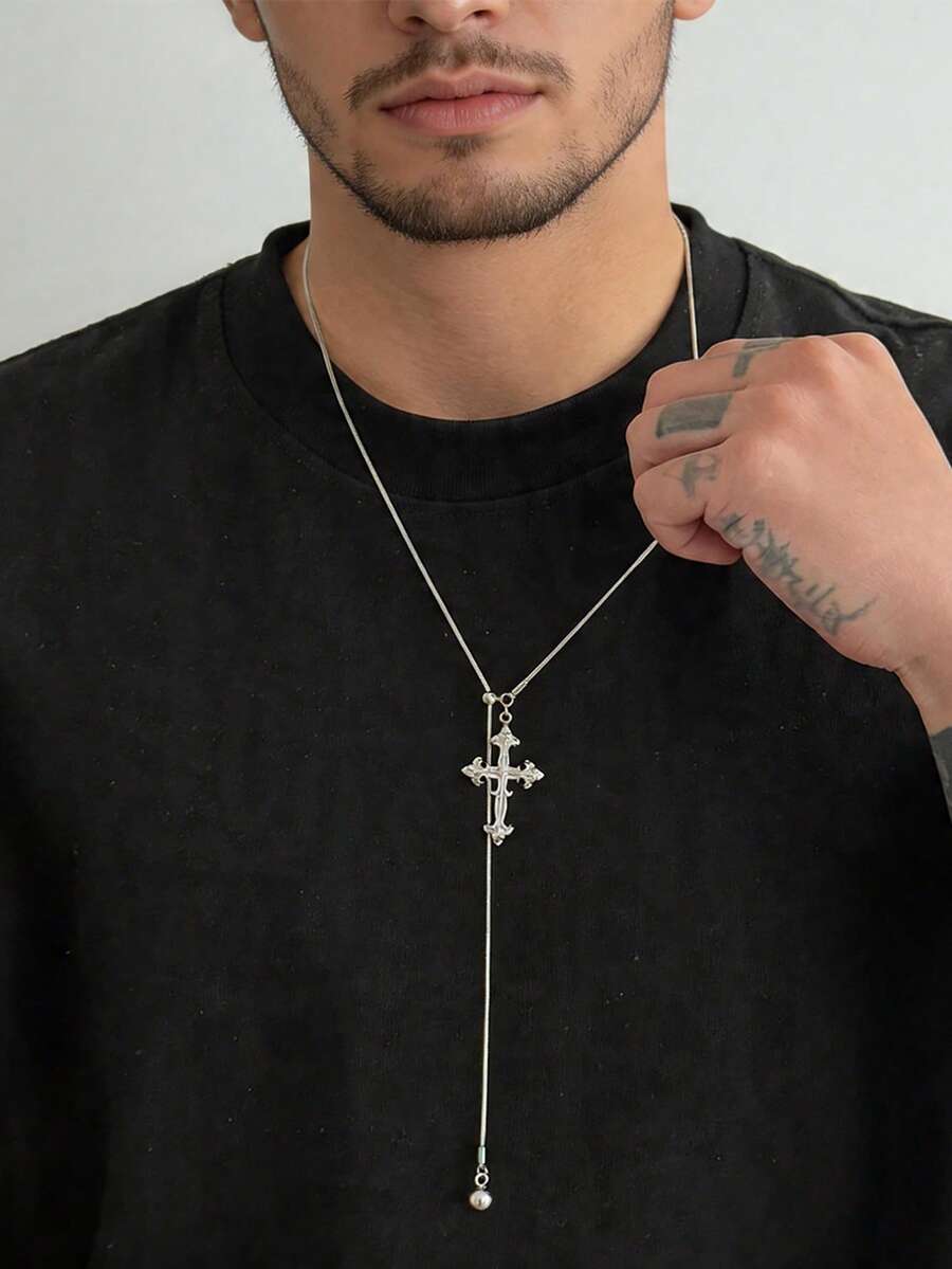 1件简约十字架吊坠可调节长蛇链男士项链 - 銀色 - 查看 1
