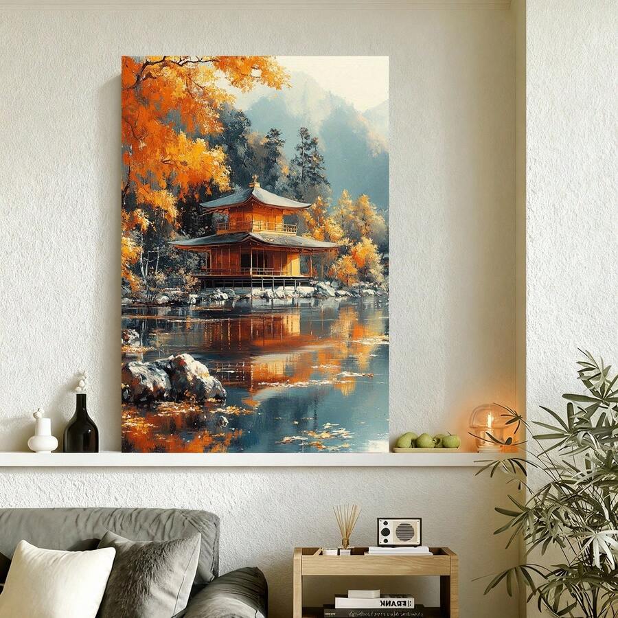 1 pieza dede lienzo de aldea japonesa - Marco de , diseño tradicional de pagoda y árboles de otoño, paisaje realista con agua reflectante, marco dede alta calidad para decoración del hogar, arte cultural de anime, decoración de jardín japonés, 2D plano - Enmarcado - Ver 1