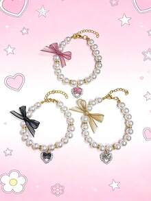 1 pièce Collier de perles avec nœud papillon, pendentif cœur de perle mignon, taille ajustable, collier de perles pour animaux de compagnie, collier pour chat, collier pour chien, accessoires de robe pour animaux de compagnie, accessoires photo pour animaux de compagnie, fournitures pour animaux de compagnie, cadeau de fête, cadeau d'anniversaire, accessoires pour animaux de compagnie - Multicolore - Voir 7