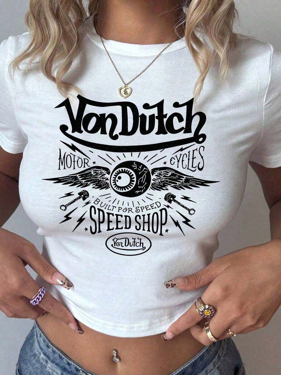 2026 Van Dutch Motorcycles Speed Shop With Winged Eye Women's Casual Solid Color Crew Neck Short Sleeve Slim Fit Cropped T-Shirt Basic Summer Polyester Top, Versatile Everyday Wear, Perfect Gift For Her - trắng - Xem 1