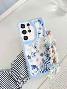 奶油色纹理波浪边亮面海星海龟印花防震手机壳，附赠串珠手链配件，兼容三星 Galaxy S26/S26 Plus/S26 Ultra、A07、A17、S25/S25 Plus/S25 Ultra、A16、A36、A26、A56、A50、A12、A32、A52、A72、A51、A21S、A13、A14、S24/S24 Plus/S24 Ultra、S22、A52、A53、A54、A55、S23、11、12 Pro、12、12X、13 Pro、14 Pro、15 Pro、10、9、Note 9、12C、Note 11 Pro、Note 8 Pro 等机型。 - 彩色 - 查看 1