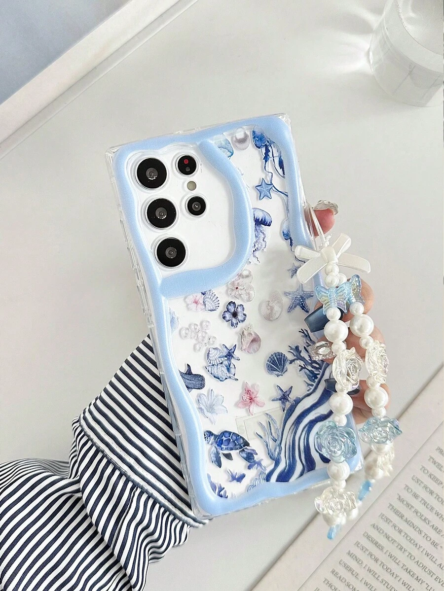 奶油色纹理波浪边亮面海星海龟印花防震手机壳，附赠串珠手链配件，兼容三星 Galaxy S26/S26 Plus/S26 Ultra、A07、A17、S25/S25 Plus/S25 Ultra、A16、A36、A26、A56、A50、A12、A32、A52、A72、A51、A21S、A13、A14、S24/S24 Plus/S24 Ultra、S22、A52、A53、A54、A55、S23、11、12 Pro、12、12X、13 Pro、14 Pro、15 Pro、10、9、Note 9、12C、Note 11 Pro、Note 8 Pro 等机型。 - 彩色 - 查看 1