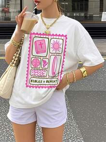 Bibles + Beach 圖案印花 T-shirt，經典海岸信仰印花短袖上衣，夏季度假休閒衝浪風上衣 - 白色 - 查看 6