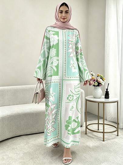 Women's Floral Print Slim Fit Long Dress, Green Color, Luxury Round Neck Long Sleeve Loose Elegant Casual Lightweight Breathable Vacation Style Maxi Dress, Suitable For Spring, Summer, Autumn, Traditional Arabic Dress For Holiday, Party, Evening, Gift, Festival, Home Wear