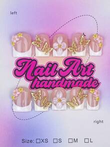 Set de 10 piezas de puntas de uñas cuadradas hechas a mano con estilo chic Y2K, en colores nude, blanco y dorado con diseños metálicos de cruz, estrella y asimétricos, adecuados para que las mujeres y niñas los usen en fiestas, bodas y vida diaria. Set de 10 piezas con 3 tamaños, incluye herramientas para uñas, un gran regalo para uñas postizas, suministros para uñas y uñas hechas a mano - Blanco - Ver 1