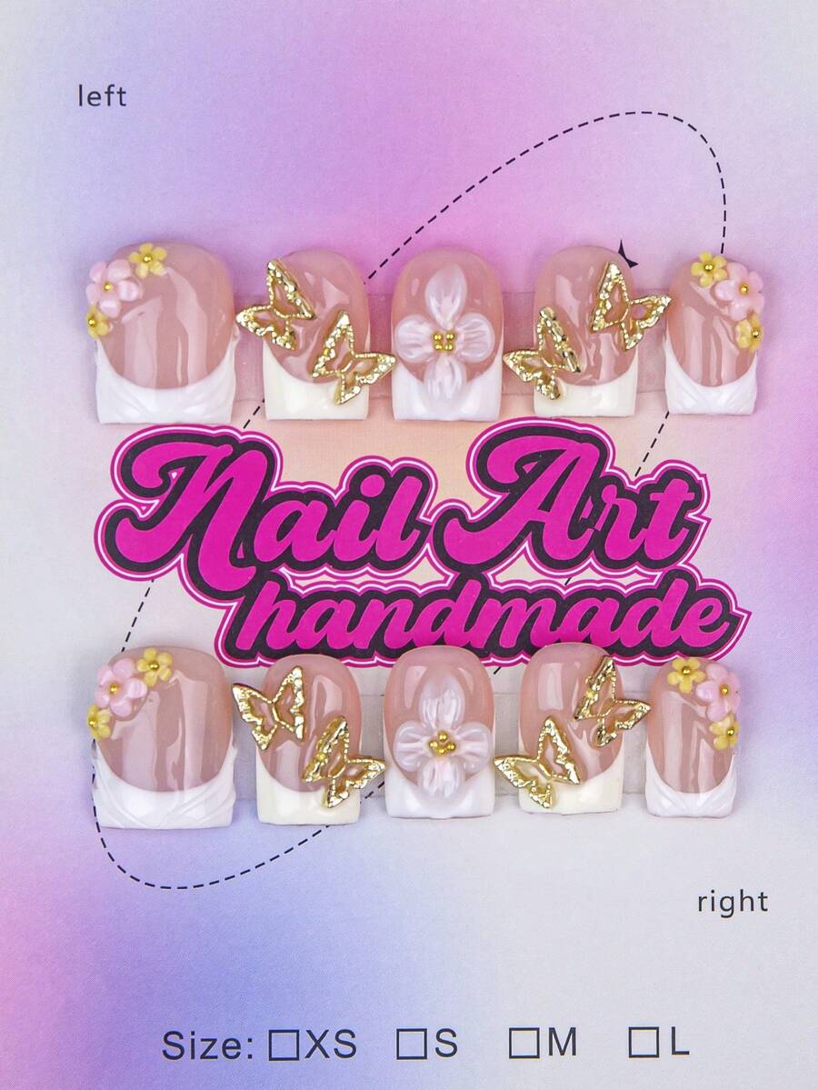 Set de 10 piezas de puntas de uñas cuadradas hechas a mano con estilo chic Y2K, en colores nude, blanco y dorado con diseños metálicos de cruz, estrella y asimétricos, adecuados para que las mujeres y niñas los usen en fiestas, bodas y vida diaria. Set de 10 piezas con 3 tamaños, incluye herramientas para uñas, un gran regalo para uñas postizas, suministros para uñas y uñas hechas a mano - Blanco - Ver 1