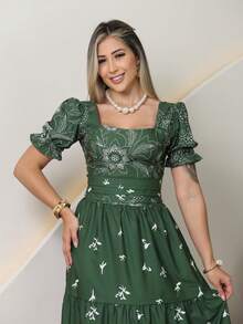 Women's Long Printed Premium Luxury Elegant Casual Party Dress With Ruffled Fabric, Perfect For Weddings, Home, Baby Showers, And Dates. - 軍綠色 - 查看 2