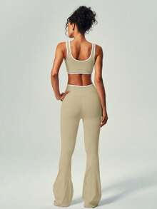 UONNOU Set Pakaian Olahraga Tanpa Jahitan: Celana Yoga Model Lebar Pinggang Tinggi dan Bra Olahraga Model U-Neck - Khaki - View 7