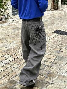 Fashion Street Hip-Hop Spider Web Embroidery Straight Loose Wide Leg Denim Jeans For Men, Back Pocket Embroidery Fake Pocket Design - Grey - View 2