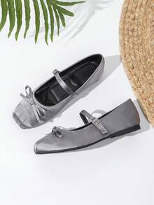 Giày bệt Mary Jane bằng satin kiểu dáng mới mùa thu 2025, có nơ, màu đen. - Xám - Xem 5