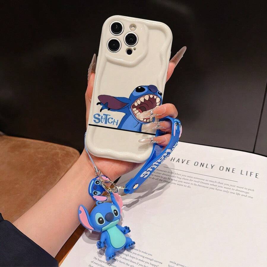 Disney Has Authorized, Phone Case - Chain Set, The Stitch Lilo & Stitch Phone Case Plus A Silicone 3D Or Fluffy Style Stitch Bracelet With Metallic Ring Removable Bracelet, Stitch And Angel Pattern, Compatible With Iphone 17/16/15/14/13/12/11/XS/XR/X Plus Pro Max, Wavy Design Phone Case For Girl, A Stylish Cartoon Summer Phone Case, The Perfect Gift Choice, Phone Protection, Durable Phone Cover, Great Gift For Friends And Family - 白色款式A - 查看 1