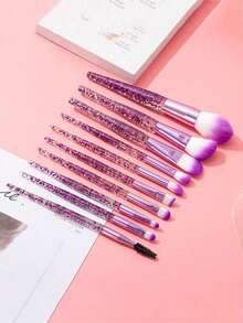 10pcs Clear Crystal & Flowing Sand Makeup Brush Set, Including Eyeshadow Brush, Blush Brush, Loose Powder Brush Facial Powder Blusher Brush, Makeup Tools Portable Soft Hair Powder Eye Shadow Brush G1YU - 紫色 - 查看 4