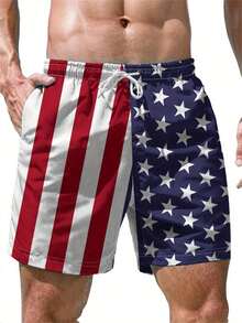 Casual Shorts Featuring An American Flag Print - With A Drawstring Waist, Made Of Lightweight Polyester, Perfect For Comfortable Outdoor Activities In Summer Free Shipping - 彩色 - 查看 1
