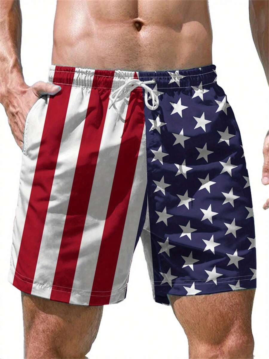 Casual Shorts Featuring An American Flag Print - With A Drawstring Waist, Made Of Lightweight Polyester, Perfect For Comfortable Outdoor Activities In Summer Free Shipping - 彩色 - 查看 1