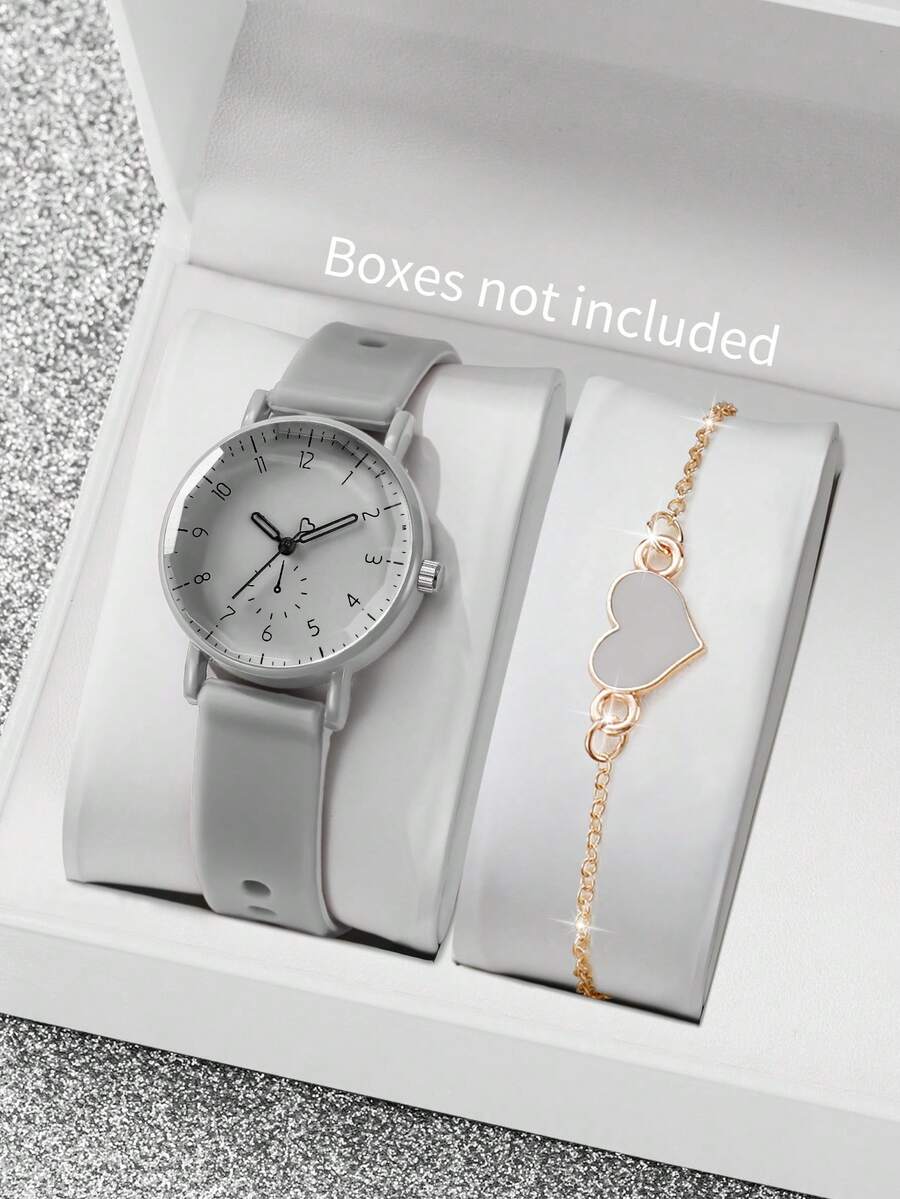 2pcs/Set Women's Silicone Watch With Elegant Numeric Dial, Quartz Wrist Watch + Heart-Shaped Bracelet (Watch Box Not Included) - Grey - View 1