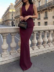 2pcs/Set Elegant Minimalist Holiday Party Commute Business Fitted Waist Suit Vest & Skirt Co-Ord Sets, Autumn Summer - Dark Red - View 6