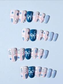 24 pièces Autocollants pour ongles courts ovales avec nœud papillon, rayures et fleurs, faits de matériau acrylique convenant aux ongles courts. Comprend 1 bouteille de vernis à ongles gel et 1 lime à ongles. Convient pour les fêtes, la danse et l'usage quotidien. Fournitures pour la manucure - Multicolore - Voir 4