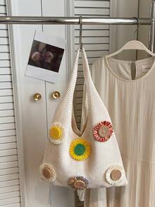 Women's Summer Beach Tote Bag - Decorated With Sunflower Patch, Large Capacity Open-Top Handbag, Suitable For Casual Outings And Coastal Vacations, Beach Tote Bag, Bohemian Style, Woven Material, Spacious Handbag, Essential For Vacation, Ideal For Work, Back To School - Beige - View 6