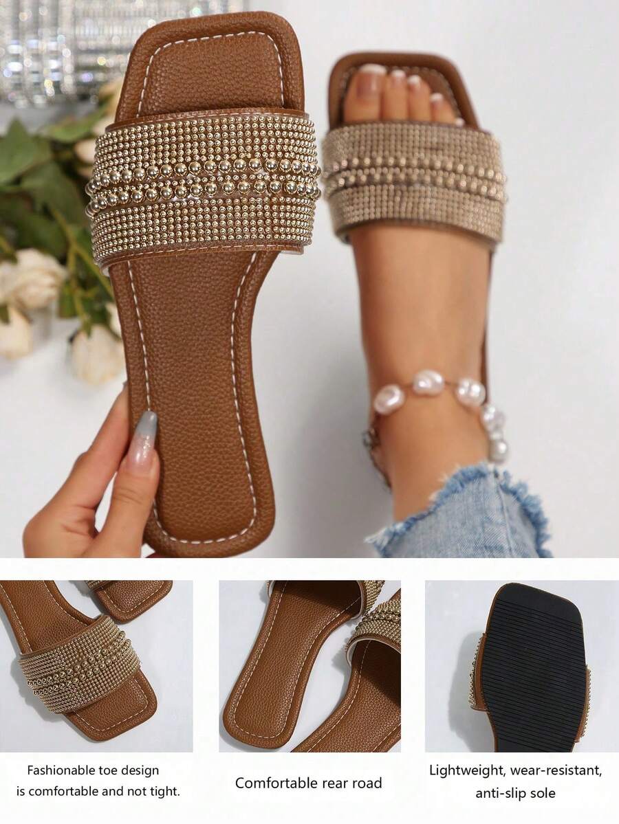 1 Pair Plus Size Shiny Gold Color, Rhinestone & Double Pearl Decor Slides, Elegant & Fashionable For Party, Vacation, Beach, Comfortable Slip-On Flat Mules Sandals, Suitable For Daily Wear, Size 41-42-43 - Chocolate Brown - View 1