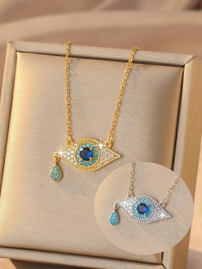 1pc Gold/Silver Evil Eye Pendant Necklace With Cubic Zirconia Decor, Turquoise Color, Delicate O-Chain, Elegant Jewelry, Birthday/Valentine's/Anniversary Gift, Meaningful Niche Necklace