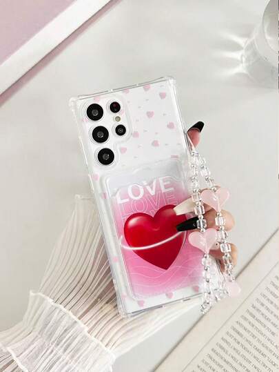 Heart-Shaped Painted Transparent Card Holder Soft Silicone Full Coverage Anti-Fall Protective Phone Case With Beaded Bracelet Accessory, Compatible With Samsung Galaxy S26/S26 PLUS/S26 Ultra, S25/S25 PLUS/S25 Ultra, A16/A36/A26/A56/A50/A12/A32/A52/A72/A51/A21S/A13/A14, S24/S24 PLUS/S24 Ultra, S22/A52/A53/A54/A55, And 11/12 Pro/12/12X/13 Pro/14 Pro/15 Pro, 10/9/Note 9/12C/Note 11 Pro/Note 8 Pro