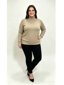 Steve Store Women's Fashion Knitwear Turtleneck Plus Size Spandex Sweater High Neck Long Sleeve Blouse Basic Winter Blouse Elegant Fashion - 淺褐色的 - 查看 1