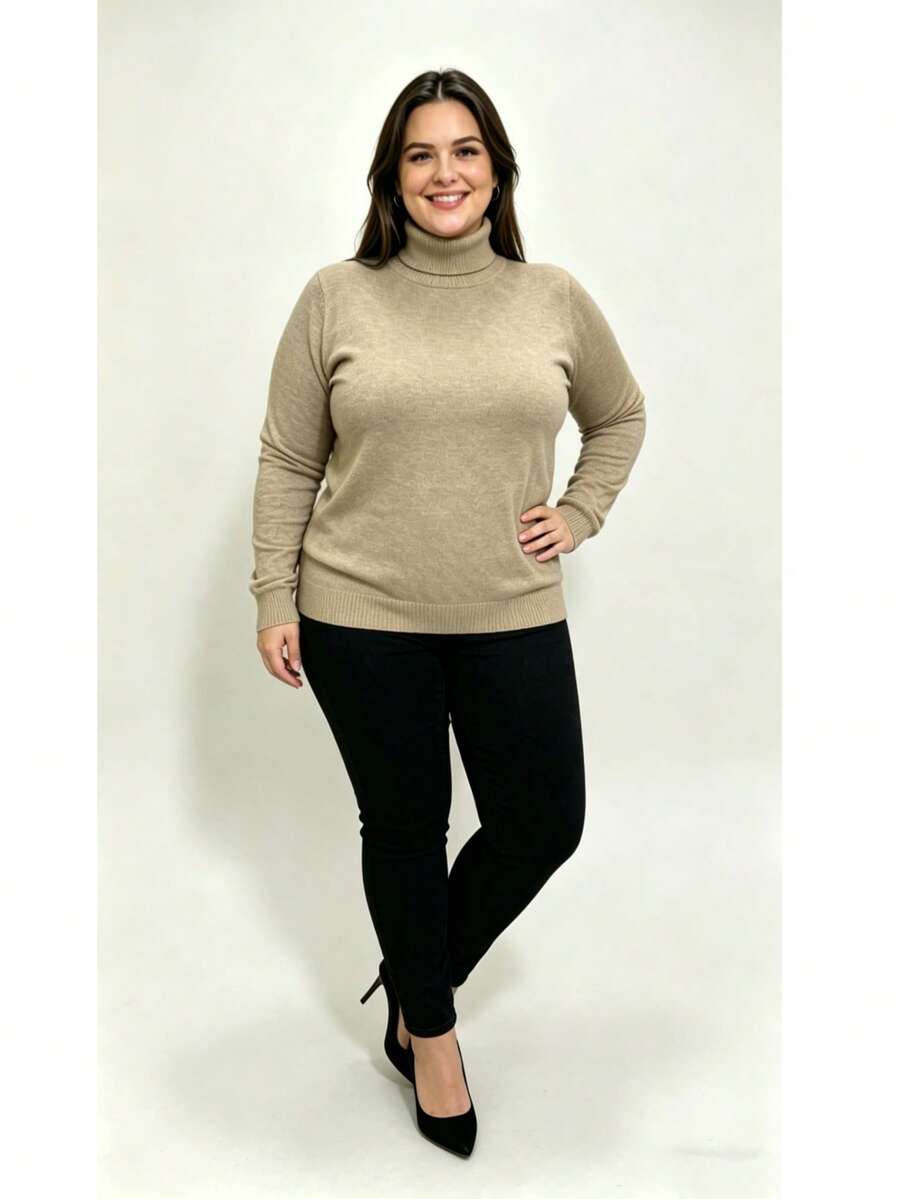 Steve Store Women's Fashion Knitwear Turtleneck Plus Size Spandex Sweater High Neck Long Sleeve Blouse Basic Winter Blouse Elegant Fashion - 淺褐色的 - 查看 1