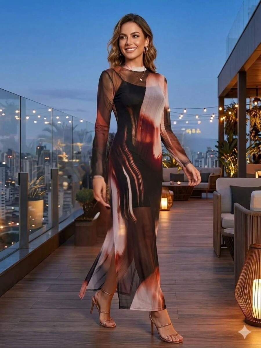 Elegant Women's Long Printed Tulle Dress With Side Slit And Long Sleeves - Red - View 1