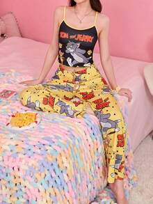 Noctvar OBM Sleepwear X TOM & JERRY 女士黃黑撞色睡衣套裝，性感吊帶背心，長褲，少女家居服 - 彩色 - 查看 4