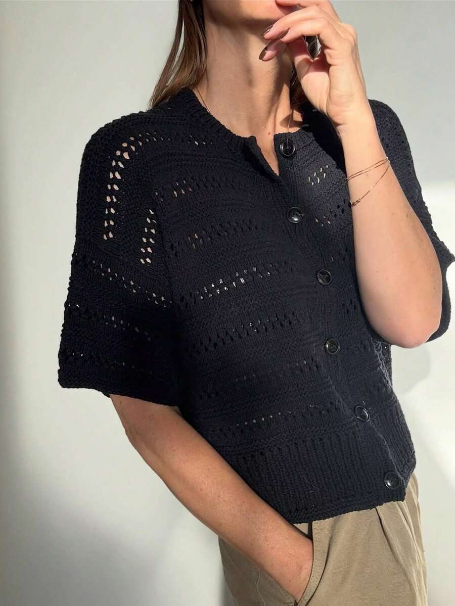 VIBEWAVE 26 Summer New Arrival Hollow Out Knit Cardigan, Round Neck Short Sleeve - Black - View 1