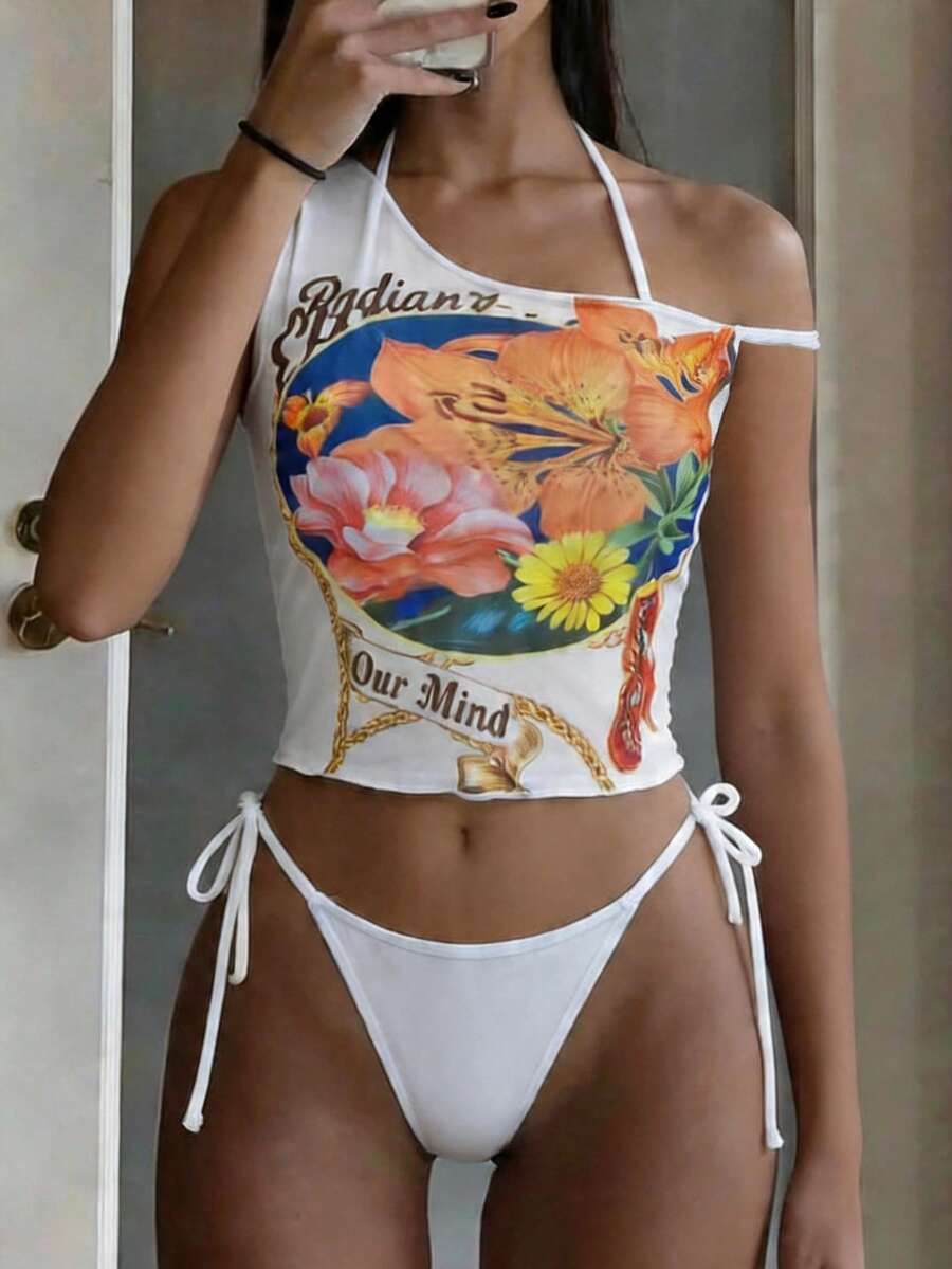 Women's Swimsuit Set, Full Body Floral & Geometric Print, Bohemian Knotted Design, Suitable For Beach, Holiday, Music Festival In Summer - Multicolor - View 1