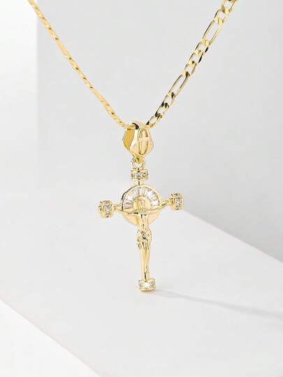 1PC Vintage Catholic Cross Necklace For Women, Elaborately Made Of 14k Gold Plated Copper With 60cm Figaro Chain, Full Of Vintage And Solemn Texture, Specially Designed For Catholic First Communion, Suitable For Daily Commute, Worship And Festivals, A Women's Commemorative Jewelry Combining Faith And Fashion Beauty