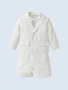 BOARNSEORL Bộ vest lịch lãm 2 món cho bé trai, gồm áo blazer kèm nơ và quần tây, thích hợp cho tiệc sinh nhật, sinh nhật lần thứ nhất, đám cưới, tiệc chiêu đãi. - trắng - Xem 3