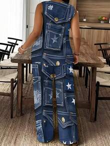 Denim Star Pattern 2026 Summer New Styles Women's 3D All-Over Print Slit Round Neck Vest & Long Pants Set (2pcs) Military Inspired Design For Casual Outings And Festive Events Perfect Gift For Fa - 白色 - 查看 3